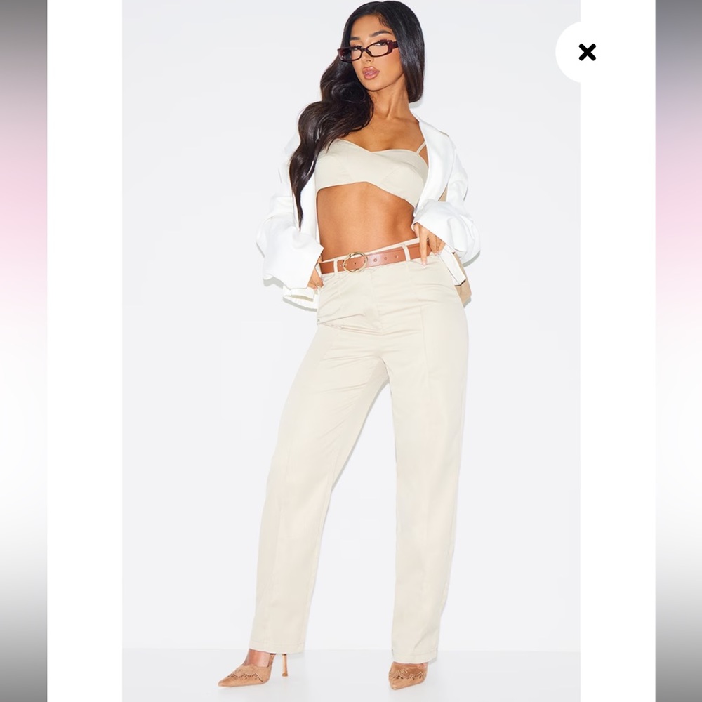 Pretty Little Thing Petite Stone Tailored Straight Leg Trousers